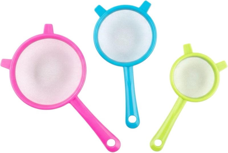 3 Piece Drink Strainers Set Bright Colors, Plastic Strainers Different Sizes for Straining Tea and Juice, Strong Plastic Mesh Fine Anti-Clogging, Light and Easy to Clean